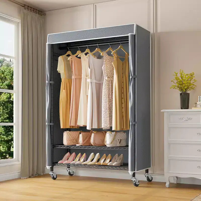 Appendiabiti singolo/mono su rotelle nero/grigio con copertura antipolvere, autoportante