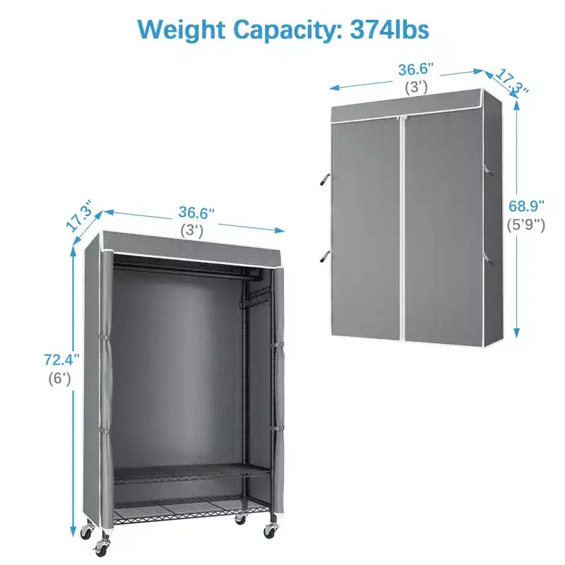 Appendiabiti singolo/mono su rotelle nero/grigio con copertura antipolvere, autoportante