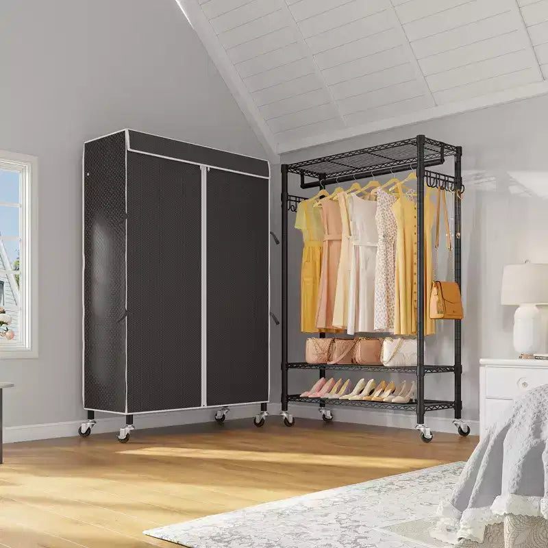 Appendiabiti singolo/mono su rotelle nero/grigio con copertura antipolvere, autoportante