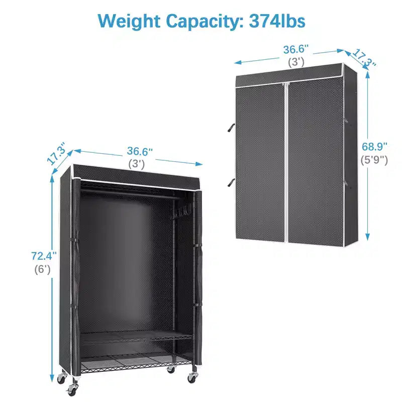 Appendiabiti singolo/mono su rotelle nero/grigio con copertura antipolvere, autoportante