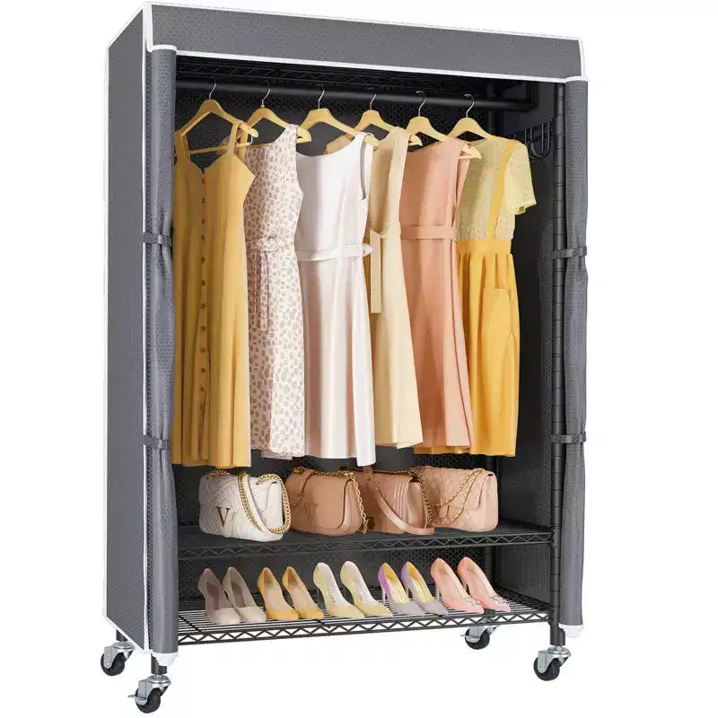 Appendiabiti singolo/mono su rotelle nero/grigio con copertura antipolvere, autoportante