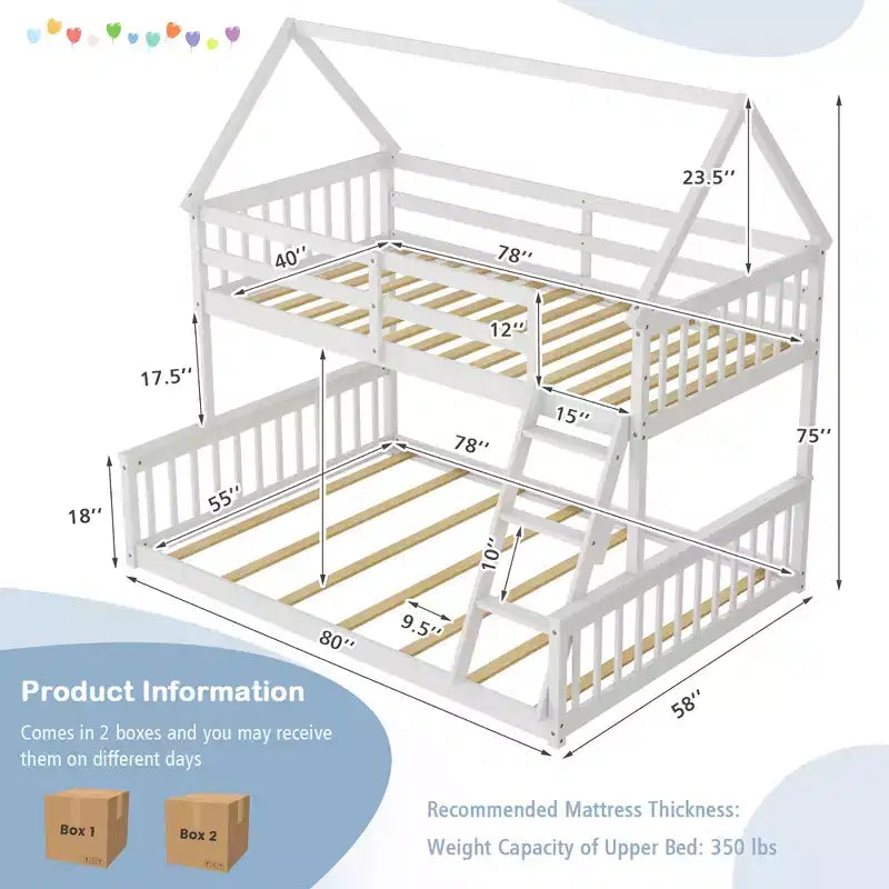 Letto a castello a casetta bianco con letto superiore singolo e inferiore a una piazza e mezza, con scaletta e spondine, convertibile in 2 letti, per 2 bambini