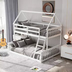 Letto a castello a casetta bianco con letto superiore singolo e inferiore a una piazza e mezza, con scaletta e spondine, convertibile in 2 letti, per 2 bambini