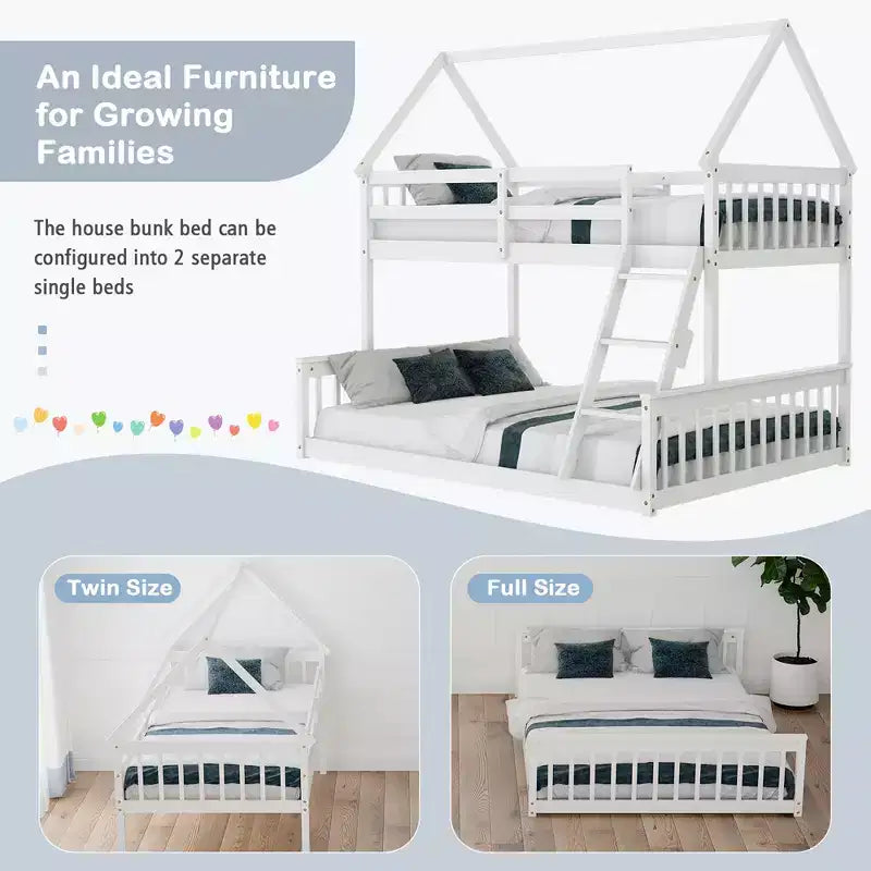 Letto a castello a casetta bianco con letto superiore singolo e inferiore a una piazza e mezza, con scaletta e spondine, convertibile in 2 letti, per 2 bambini