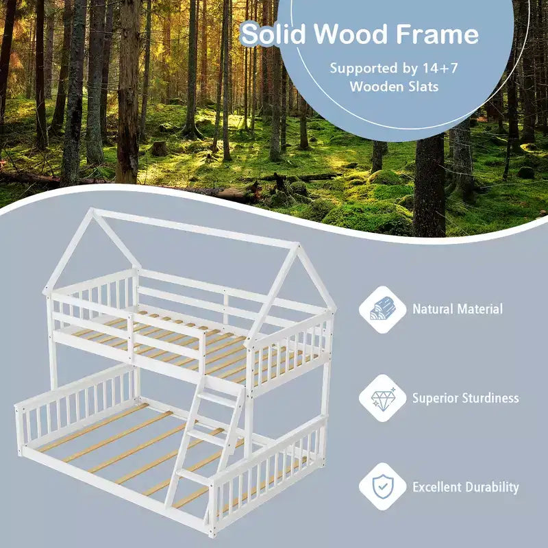 Letto a castello a casetta bianco con letto superiore singolo e inferiore a una piazza e mezza, con scaletta e spondine, convertibile in 2 letti, per 2 bambini
