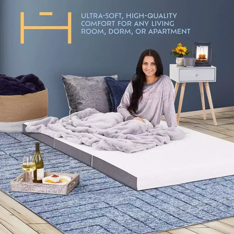 Materasso a pavimento pieghevole a tre ante in memory foam, per 1 persona, bianco e grigio