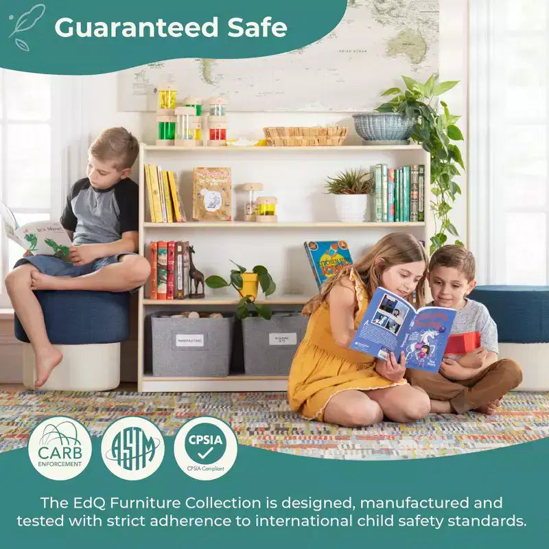 Libreria a 3 ripiani aperta per bambini con cassetti in tessuto, colori naturale/bianco