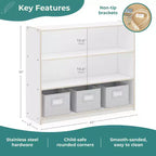 Libreria a 3 ripiani aperta per bambini con cassetti in tessuto, colori naturale/bianco