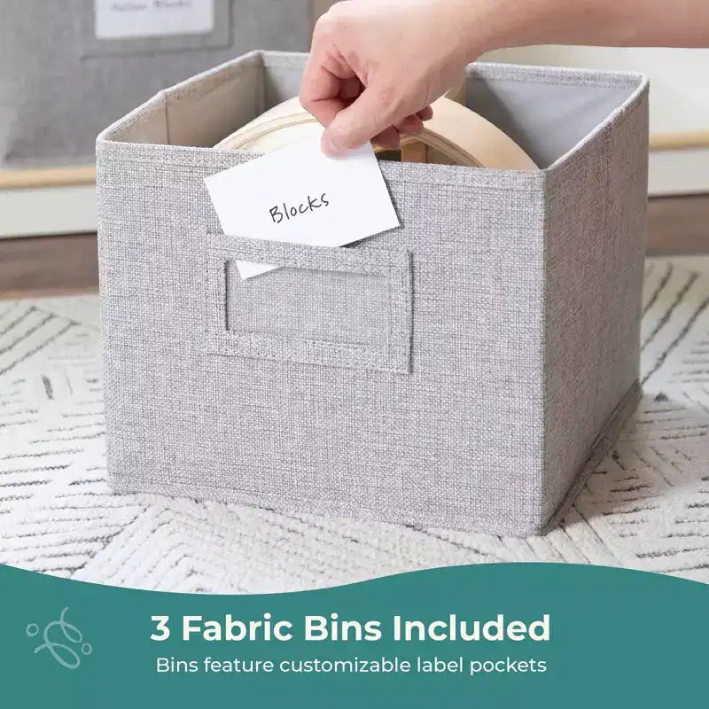 Libreria a 3 ripiani aperta per bambini con cassetti in tessuto, colori naturale/bianco
