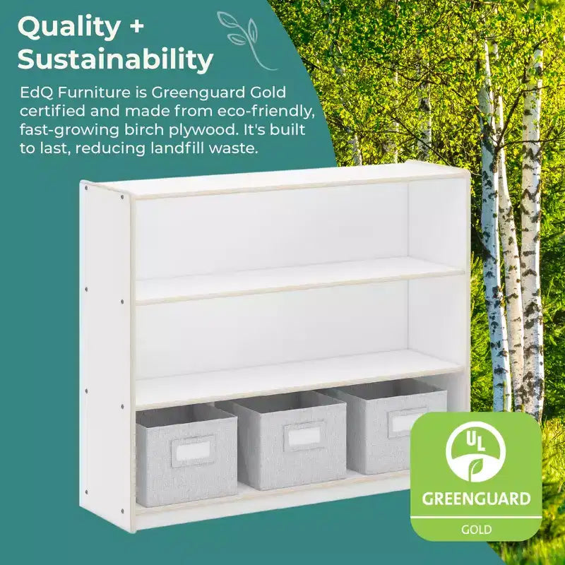 Libreria a 3 ripiani aperta per bambini con cassetti in tessuto, colori naturale/bianco