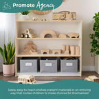 Libreria a 3 ripiani aperta per bambini con cassetti in tessuto, colori naturale/bianco