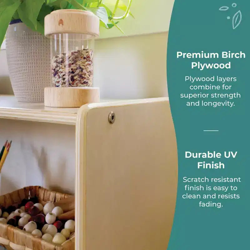 Libreria a 3 ripiani aperta per bambini con cassetti in tessuto, colori naturale/bianco