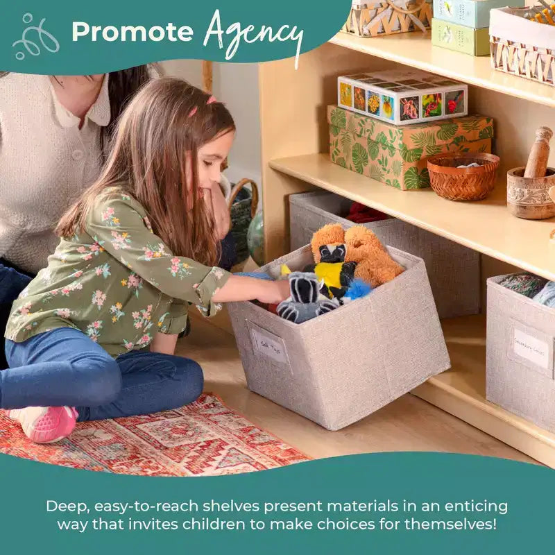 Libreria a 3 ripiani aperta per bambini con cassetti in tessuto, colori naturale/bianco