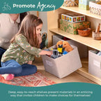 Libreria a 3 ripiani aperta per bambini con cassetti in tessuto, colori naturale/bianco