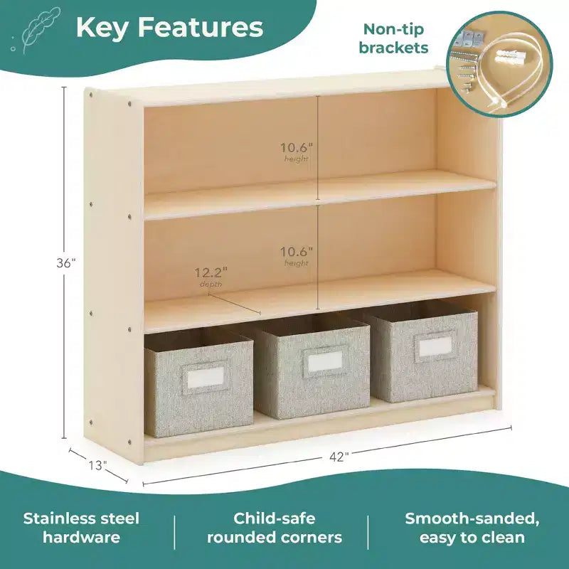 Libreria a 3 ripiani aperta per bambini con cassetti in tessuto, colori naturale/bianco