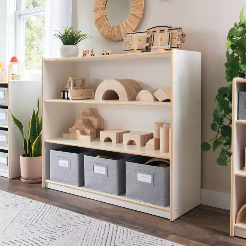 Libreria a 3 ripiani aperta per bambini con cassetti in tessuto, colori naturale/bianco